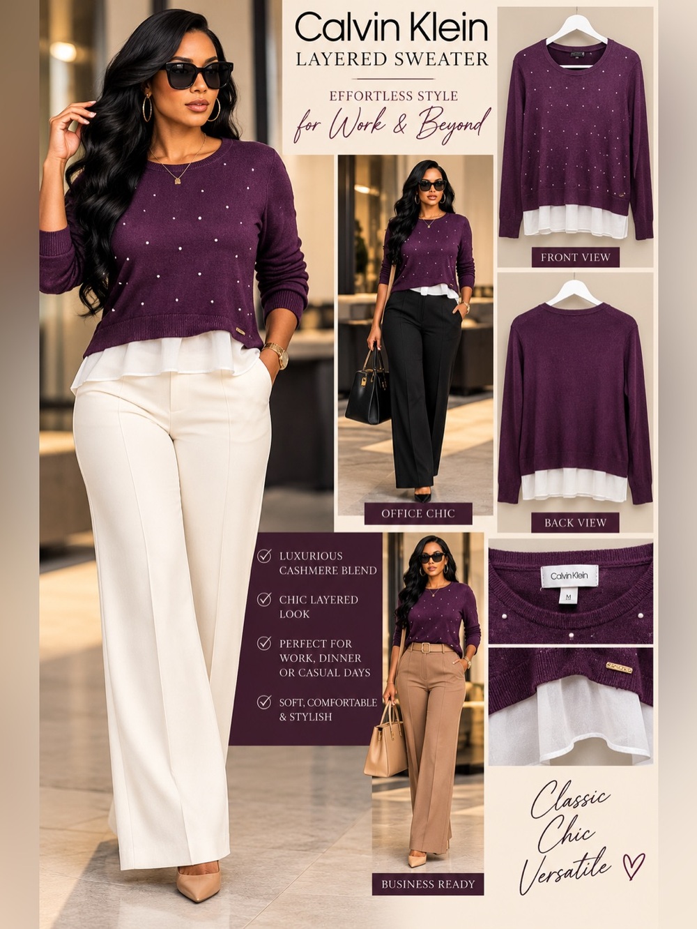 Calvin Klein Purple Layered Sweater Knit Top Size Medium
